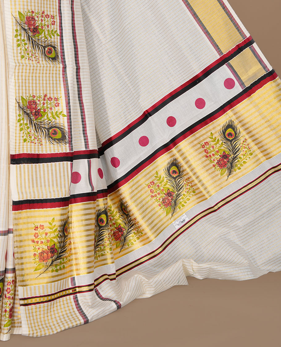 Off white color kerala cotton saree featuring gold zari stripes on body, complemented by Red & black, gold zari with peacock leaf printed border, paired with matching blouse piece.