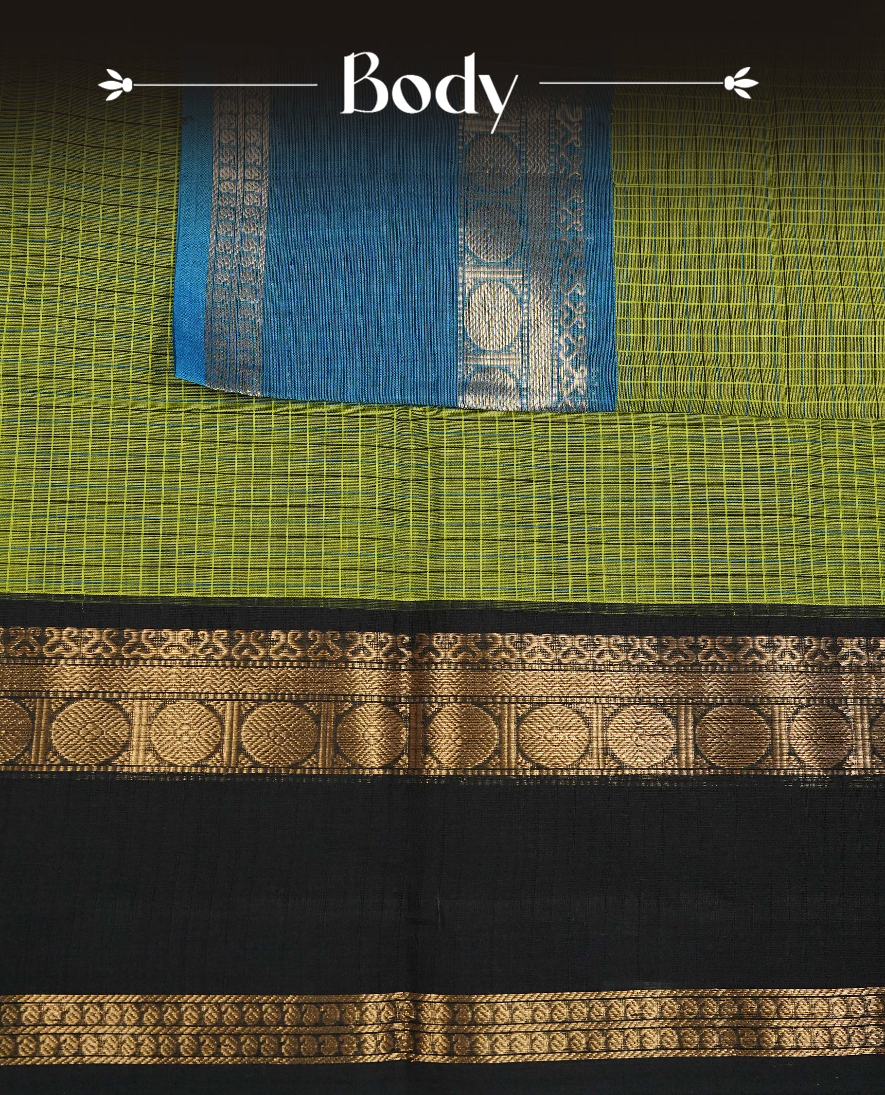 Green colour chettinad cotton saree featuring Strip pattern on body,contrast Black colour with Gold zari border, comes with matching blouse piece.