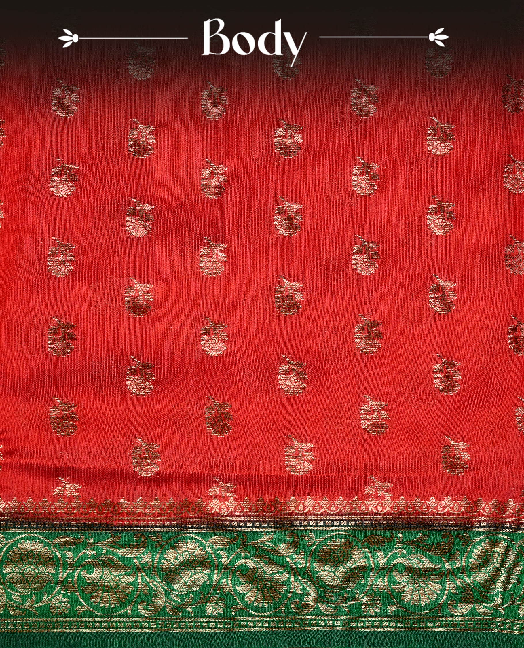 Red colour pure tussar Banaras silk saree featuring intricate gold zari motifs across the body, enhanced with a contrast green floral kodi zari border for a rich traditional look. Comes with a matching blouse piece.