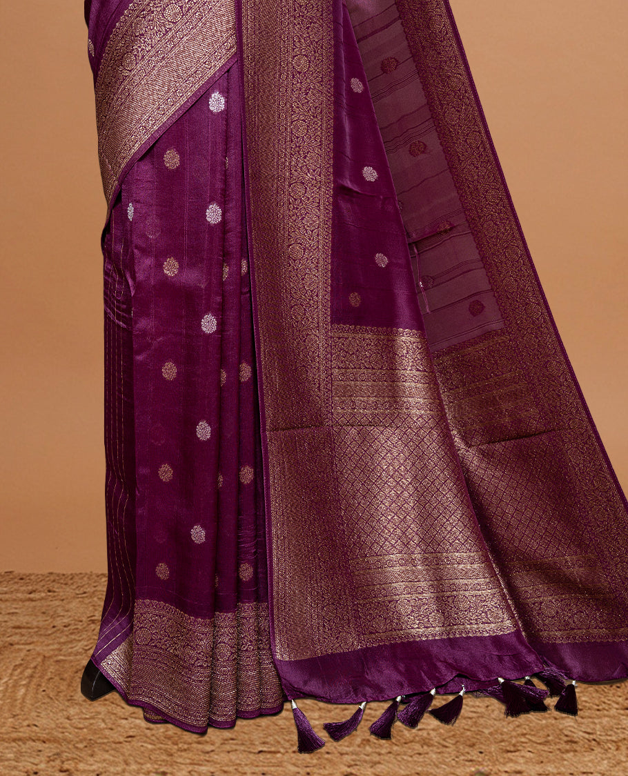 Deep Purple colour Semi banaras tussar georgette Saree featuring Antique zari motifs on body, enhanced with antique zari border, paired with a matching blouse piece.