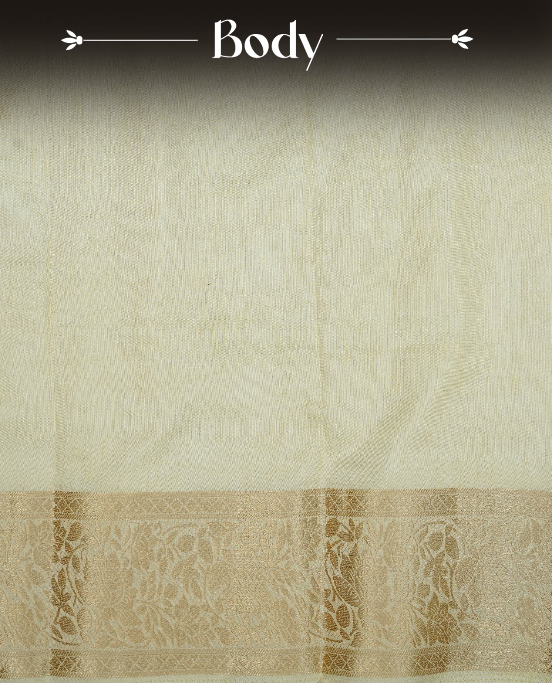 Cream colour semi Tussar silk saree featuring an elegant plain body, complemented by a self colour border adorned with traditional gold zari floral kodi patterns. Comes paired with a matching blouse piece.