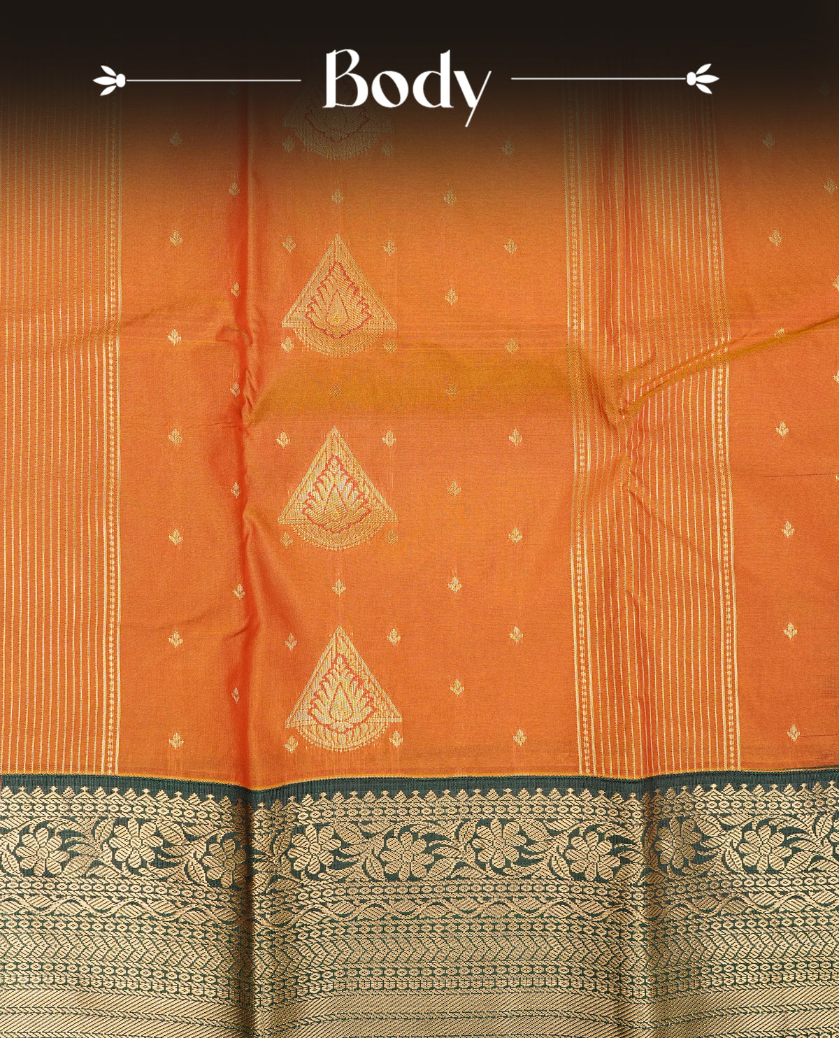 Rusted orange colour semi wedding silk saree featuring gold zari with motifs on body,contrast bottle dreen colour with traditional border on body, rich pallu comes with matching blouse piece