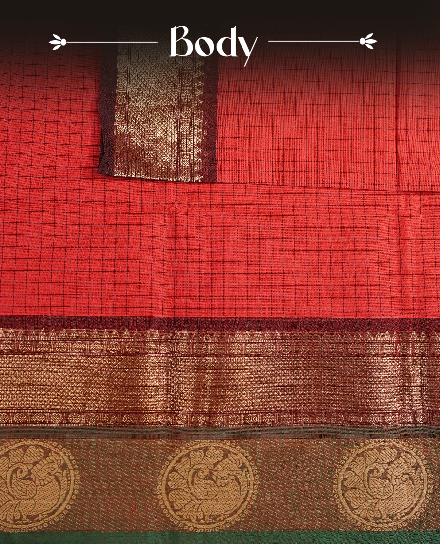 Red colour chettinad cotton saree featuring Check pattern on body, complemented by Contrast Maroon & Green Colour with gold zari border, comes with matching blouse piece.