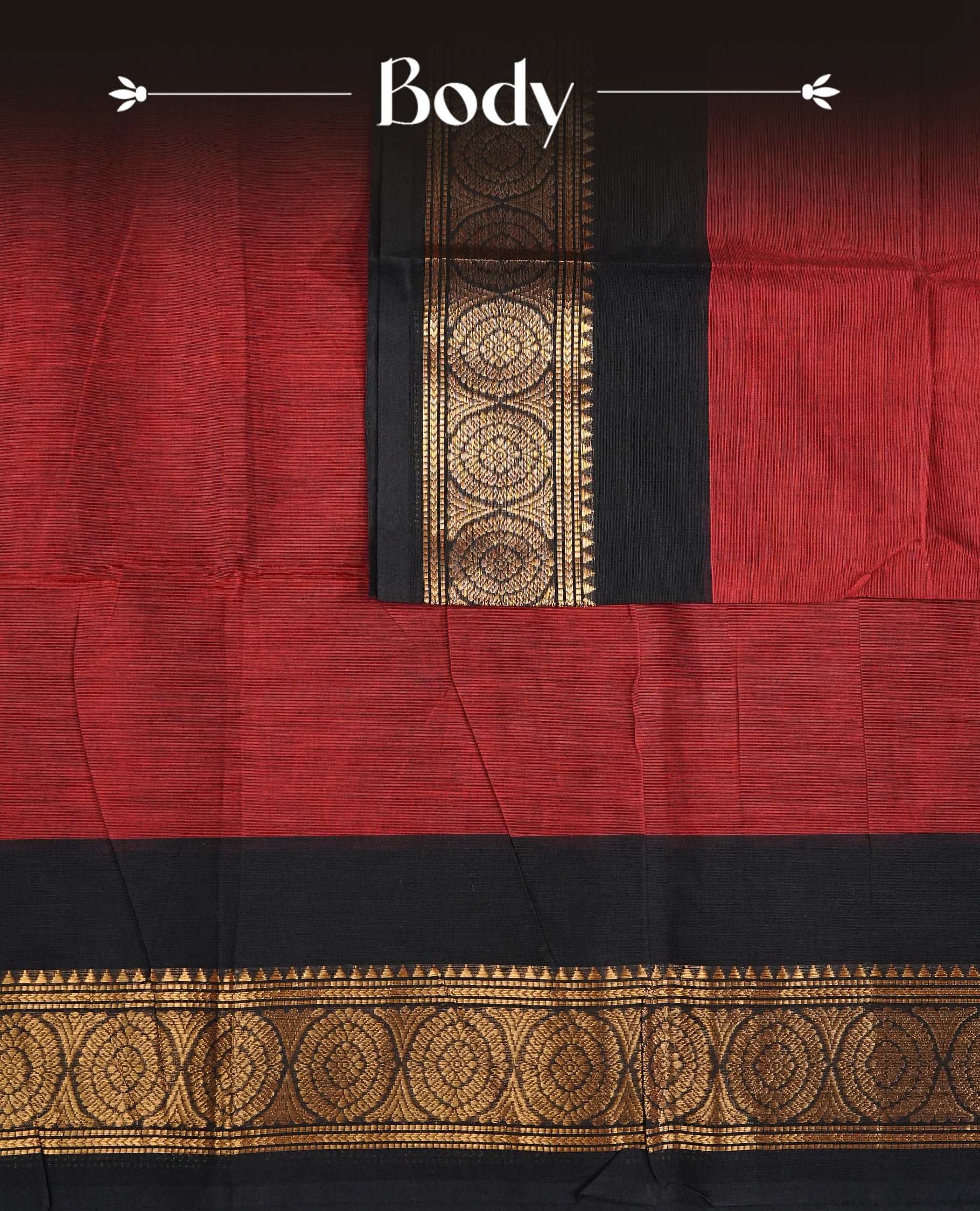 Brick Red Colour Chettinad Cotton Saree Featuring a Plain Body, Complemented by a Black Colour Border with Gold Zari & Contrast Striped Pallu, Paired with a Matching Blouse Piece.
