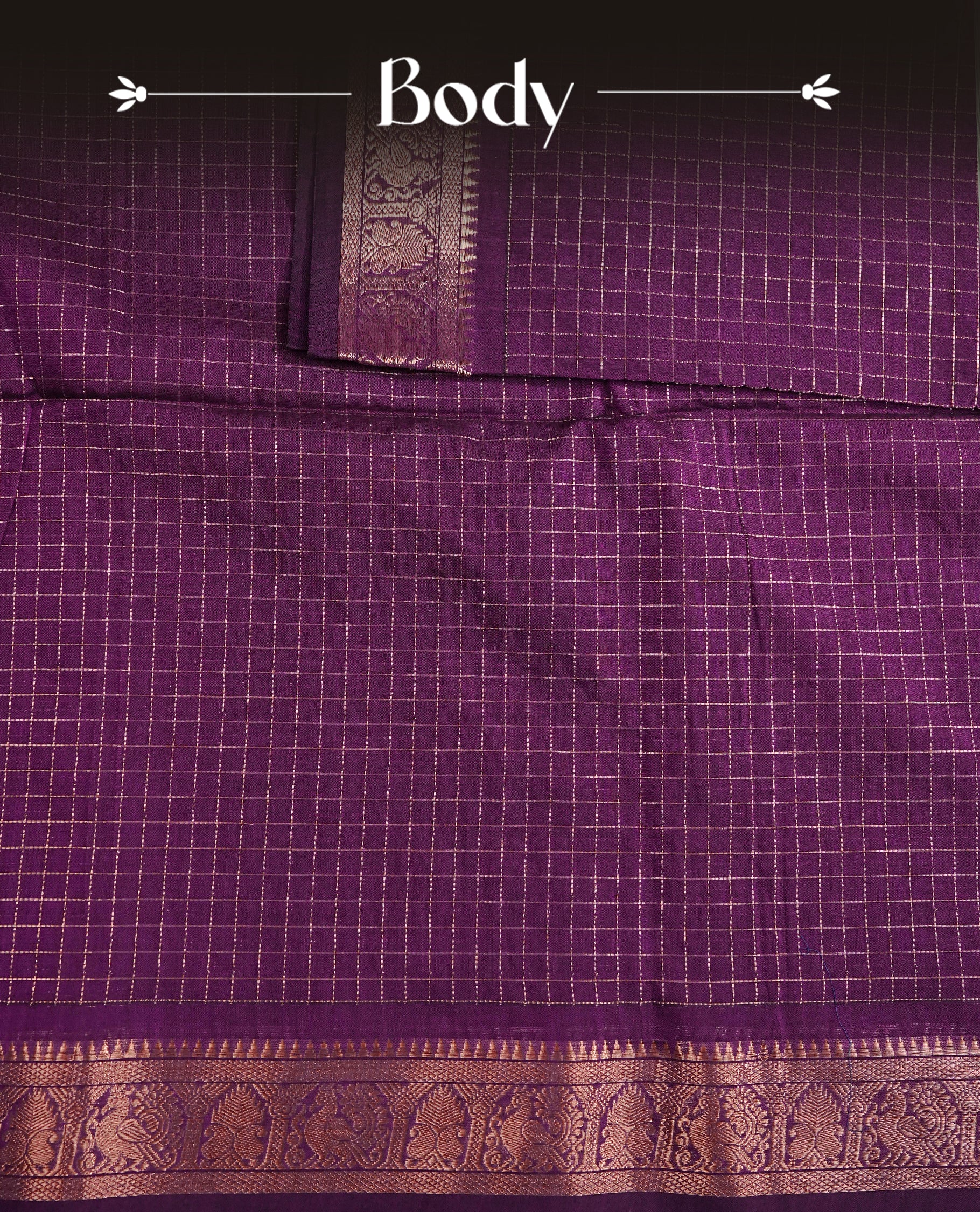 Purple colour chettinad cotton saree Featuring Gold zari Check on body, complemented by self colour with zari border, comes with matching blouse piece.