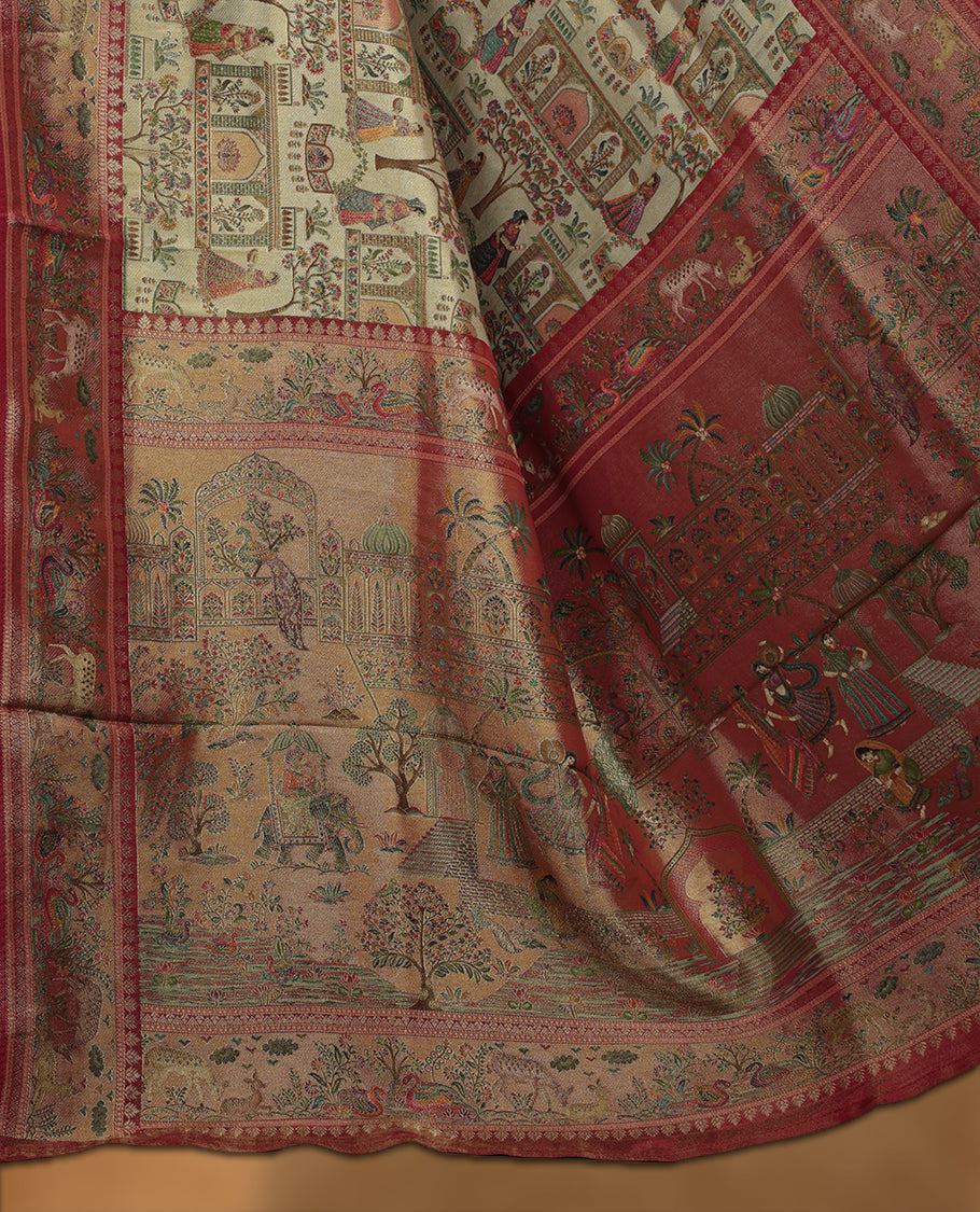 Beige colour Pashmina silk saree intricately woven with Mughal inspired garden scenes and figurative motifs across the body, framed by a rich maroon storytelling border and grand pallu, paired with a coordinated maroon woven jaal blouse piece