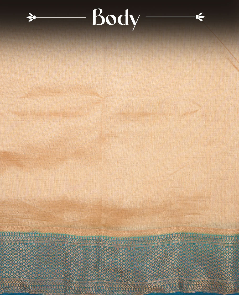 Cream colour tussar silk saree featuring elegant plain body, contrast Blue colour border with gold zari, comes with matching blouse piece.