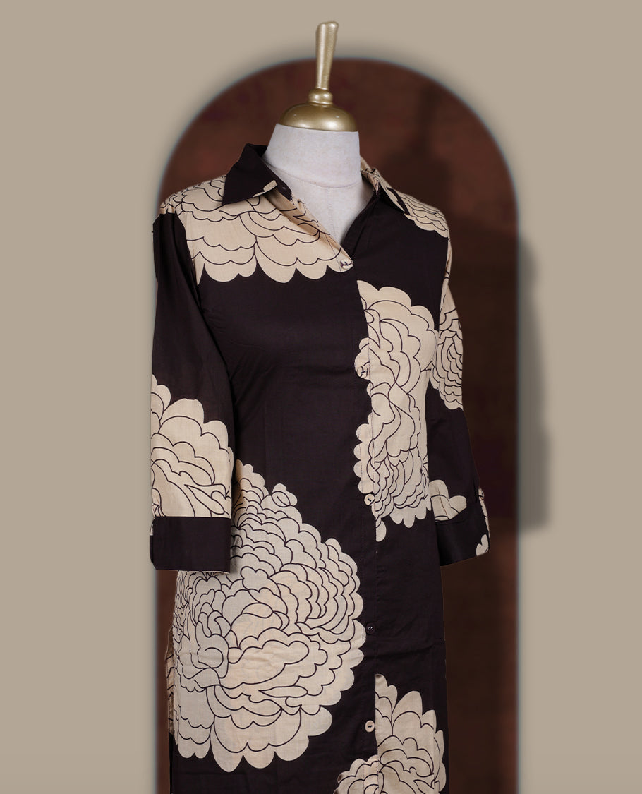 Dark coffee brown colour cotton coord set featuring charming bold cream colour floral prints all over, Designed with a classic shirt collar and 3/4 sleeves, paired with matching straight pants for a trendy, relaxed, and comfy everyday look.