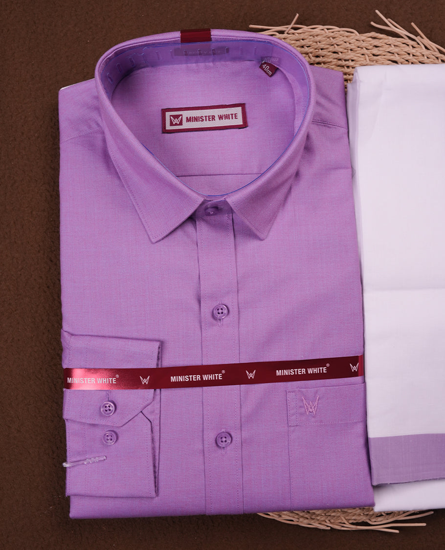 Violet Colour MINISTER WHITE shirt paired with a matching dhoti, finished with a Violet colour border.