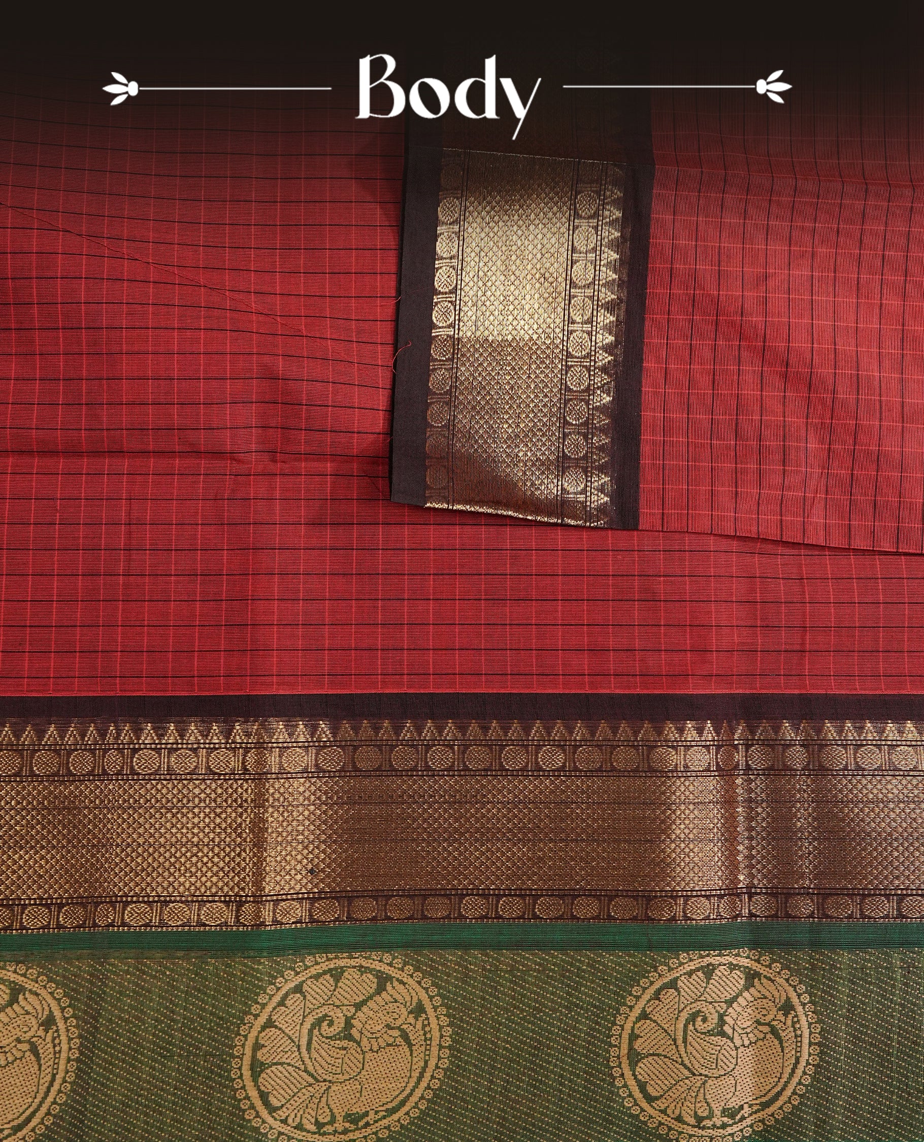 Maroon colour chettinad cotton saree featuring Check pattern on body, complemented by Contrast Black & Green Colour with gold zari border, comes with matching blouse piece.
