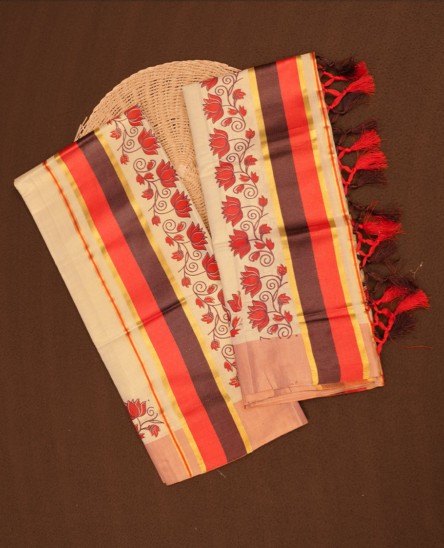 Light gold colour tissue set mundu highlights gold, red and dark brown zari border featuring lotus kode print across border (2.00/2.80 MTS).