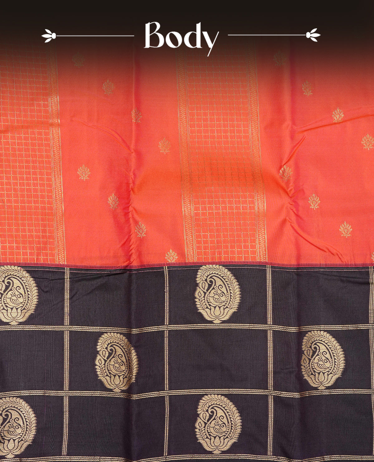 Reddish orange colour semi wedding silk saree featuring gold zari stripes with buttas on body, contrast dark purple colour with gold zari check & motifs border on body, rich pallu comes with matching blouse piece