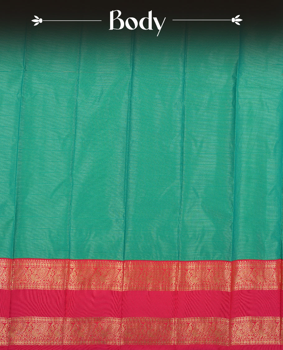 Teal Green Colour Semi Silk Saree with Self Textured Striped Body, Contrasting Coral Pink Golden Zari Pallu & Border, Traditional Paisley Motifs, and Matching Blouse Piece