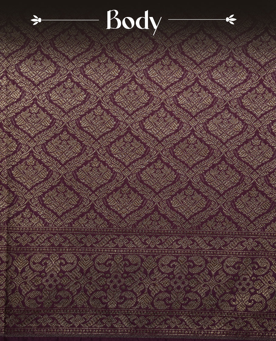 Wine Colour Semi Banarasi Katan Silk Saree with Gold Zari Buti Motifs, Traditional Gold Floral Pallu, Elaborate Woven Border, Decorative Tassels with Matching Blouse