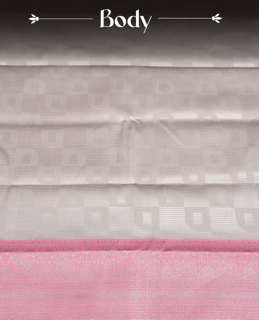 Silver Grey Colour Silk Saree with Self-Checked Geometric Patterns, Contrasting Pastel Pink Zari Woven Pallu and Border Featuring Floral Motifs and Tassels, Paired with Matching Blouse Piece