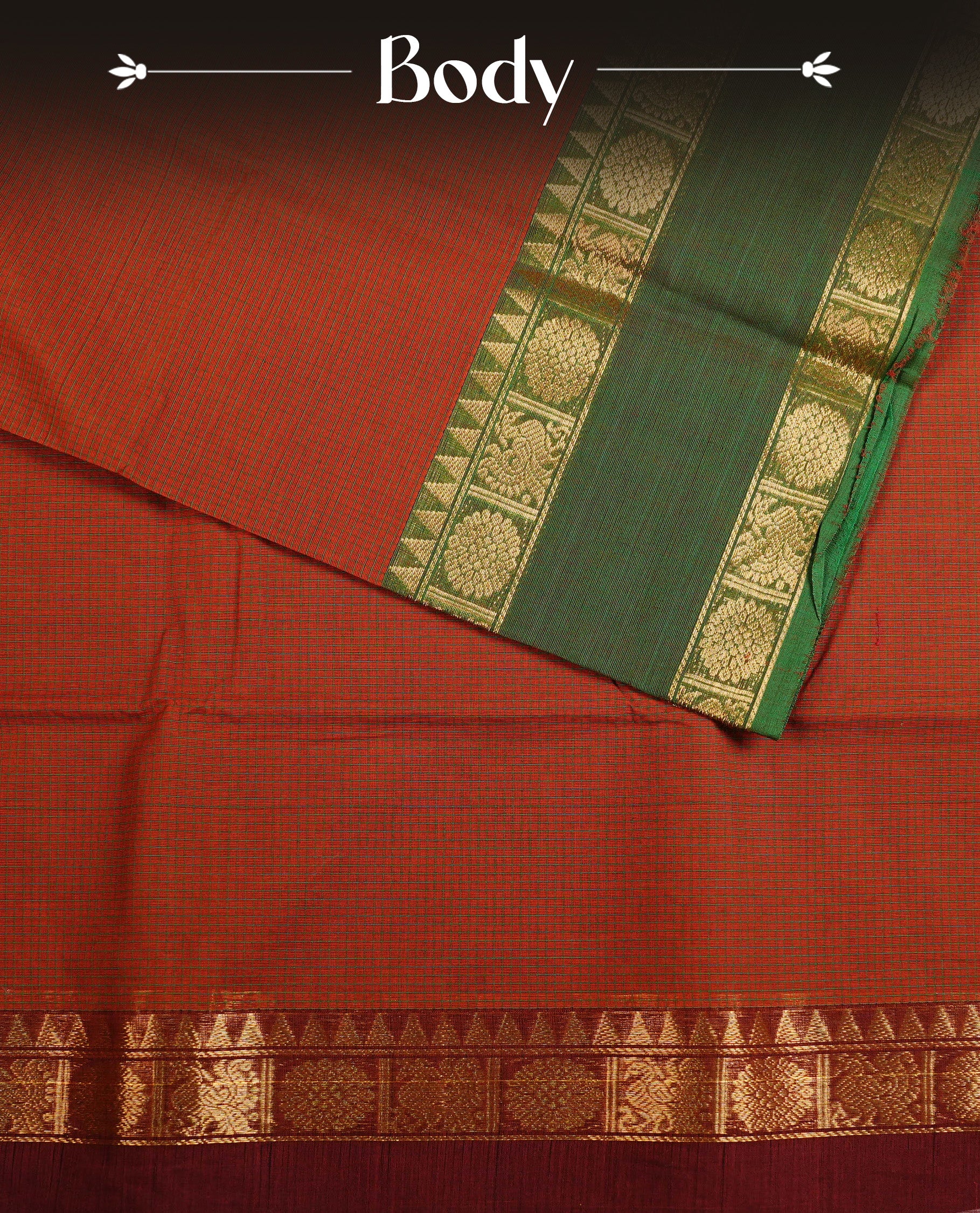 Mustard colour chettinad cotton saree featuring Brown Check Patterns On body, complemented by Contrast Brown Colour With Peacock & Chakra Gold Zari border, paired with matching blouse piece.