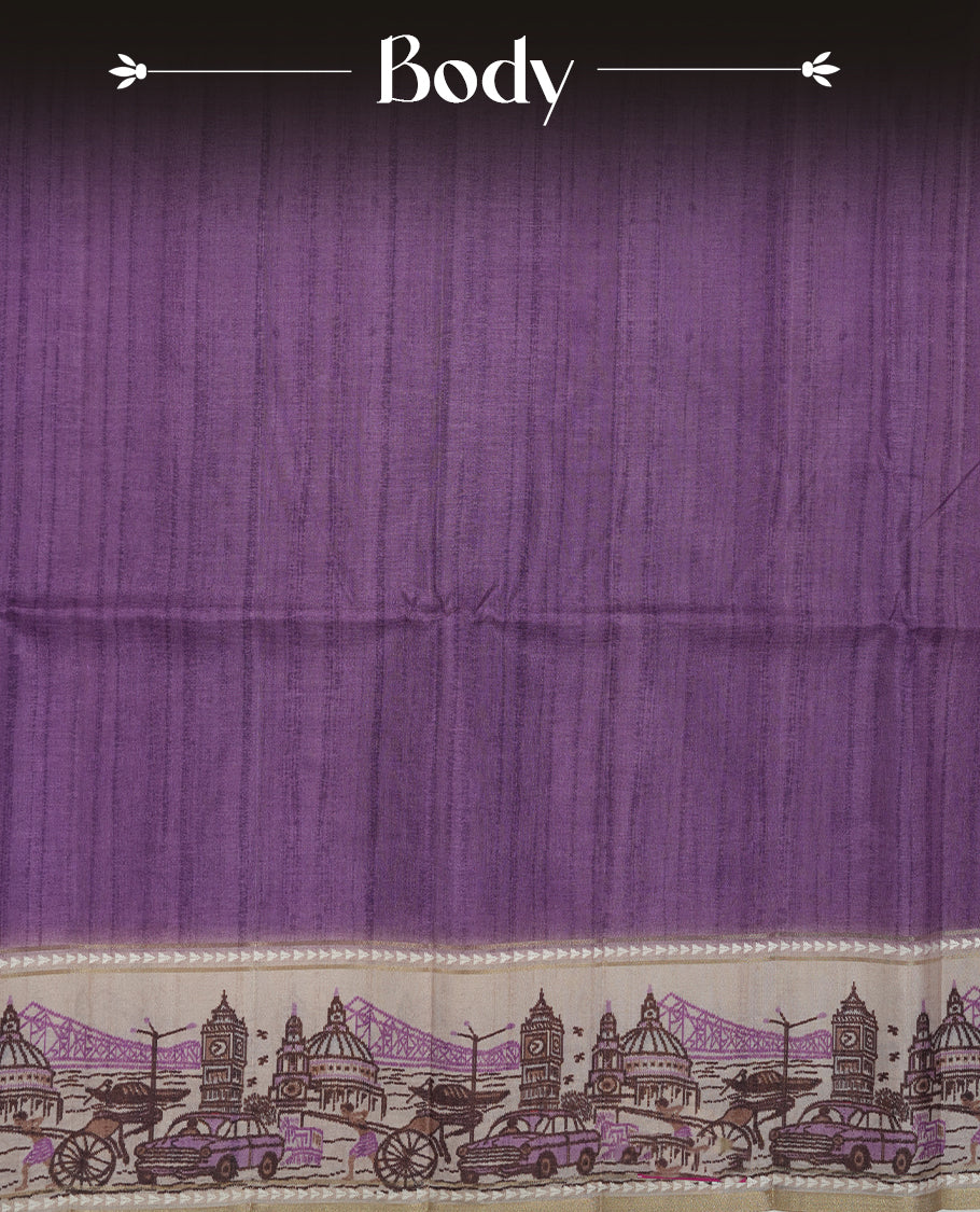 Purple colour semi tusser silk saree featuring contrast cream colour London bridge printed pattern border and paired with matching blouse.