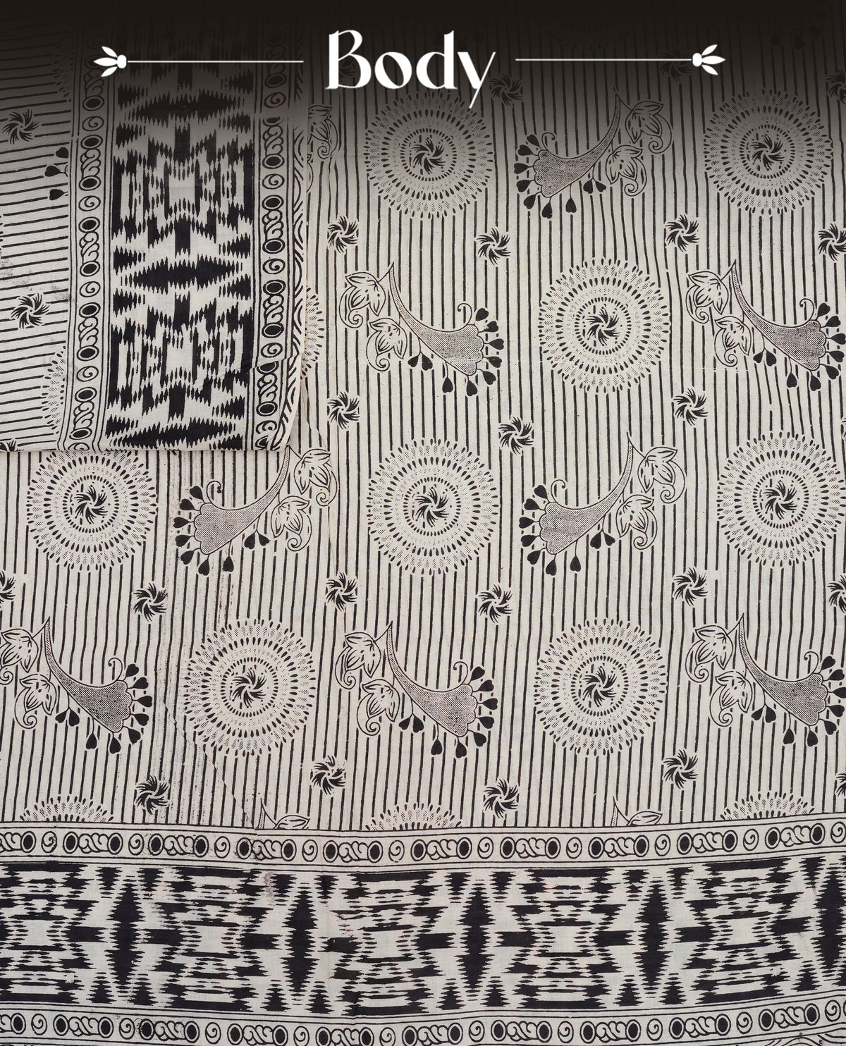 Cream & Black colour kalamkari cotton saree featuring kalamkari printed body & pallu, paired with a matching contrast blouse piece.