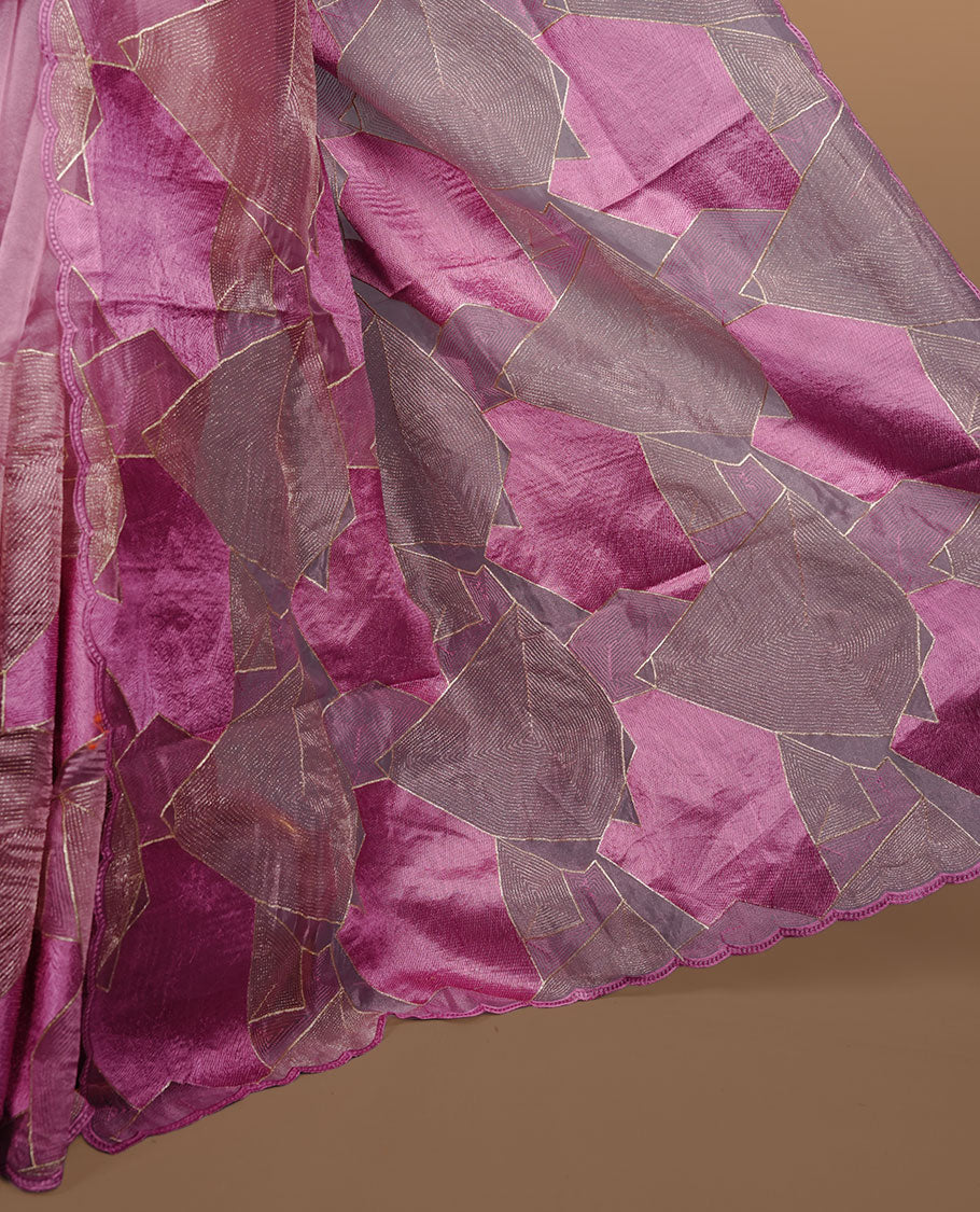 Pink colour Organza designer saree featuring a thread geometric pattern across the body, enhanced with a piping border and cut beats work on matching blouse piece.