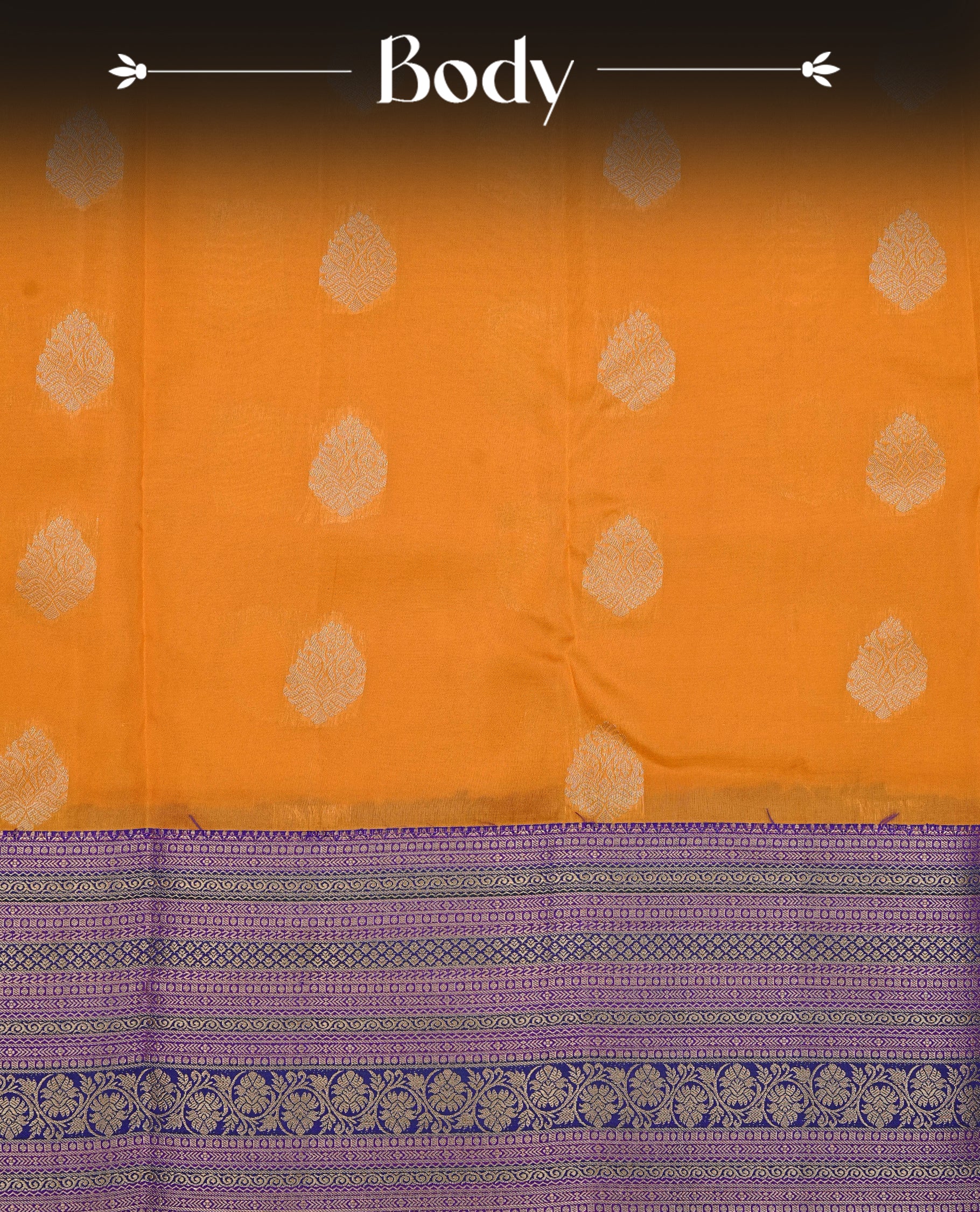 Orange colour Kancheepuram silk saree featuring Gold zari Motifs on body, complemented by Multicolour with Traditional border, comes with matching blouse piece.