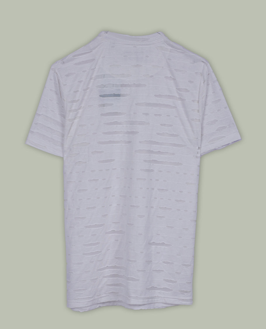 Off white colour textured T shirt featuring a crew neck and short sleeves, Made from lightweight, breathable fabric with a unique distressed pattern that adds a modern, casual edge to your everyday look.