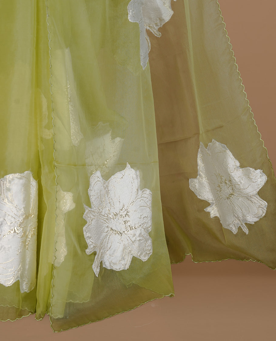 Pastel green colour semi organza saree featuring white floral & gold thread pattern, highlighting scalp design border, paired with matching blouse piece.