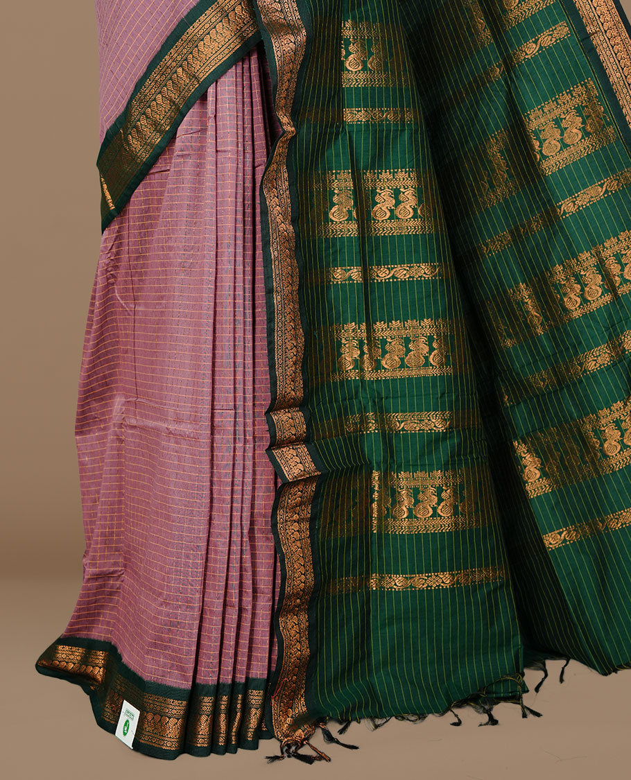 Lavender colour kalyani cotton saree featuring gold zari check pattern on body, complemented by green colour with Antique zari border, paired with matching blouse piece.