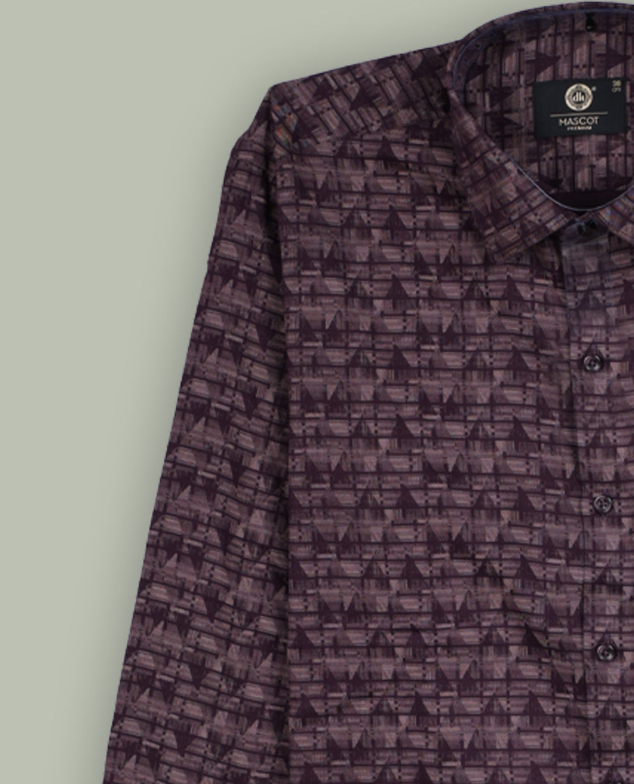 Wine colour geometric print shirt with a classic spread collar and full sleeves, Crafted from a premium cotton blend, it offers comfort and elegance.