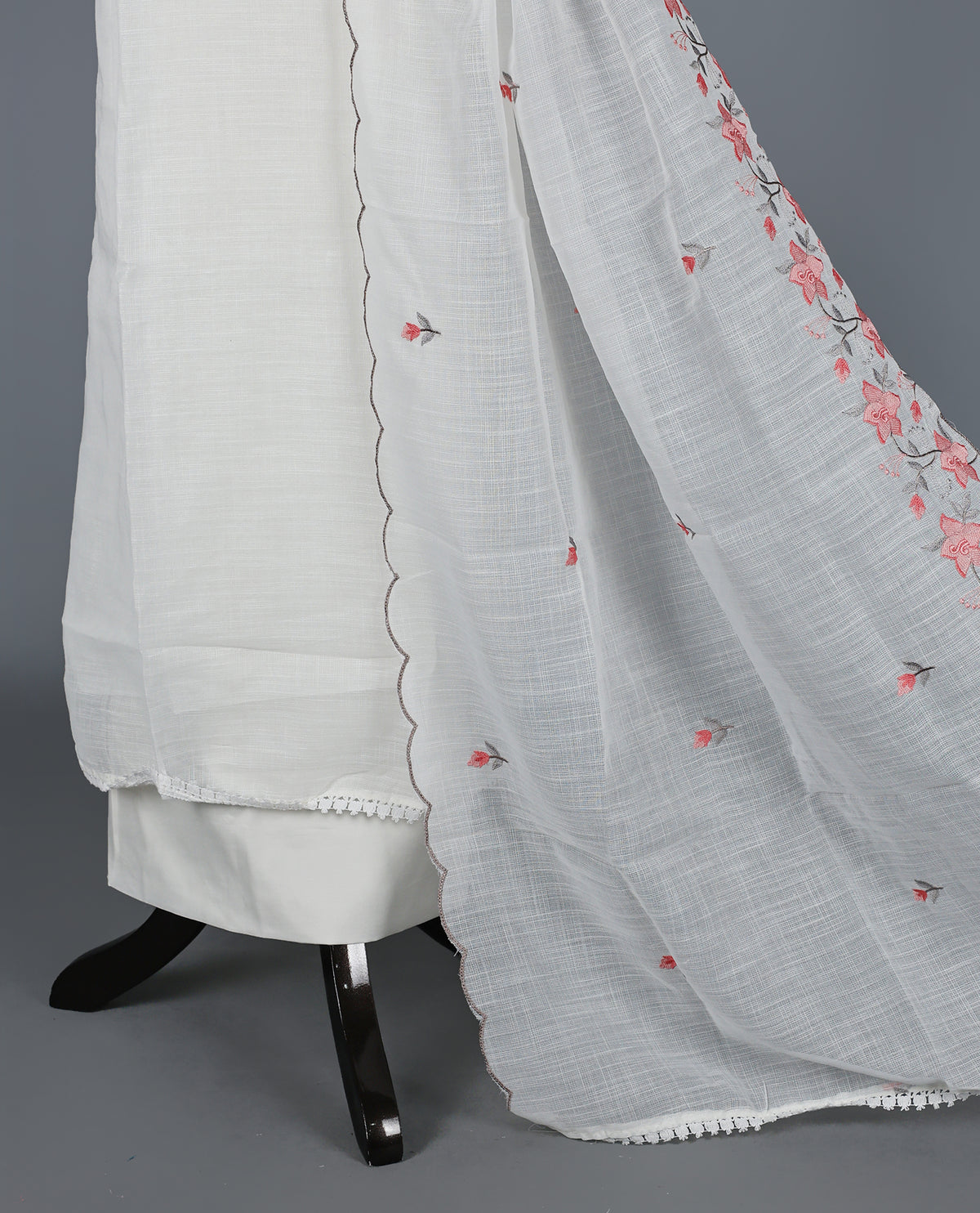 Off White Kotta Net Salwar Material featuring elegant Pink floral thread embroidery on yoke, paired with a matching bottom and an embroidered dupatta