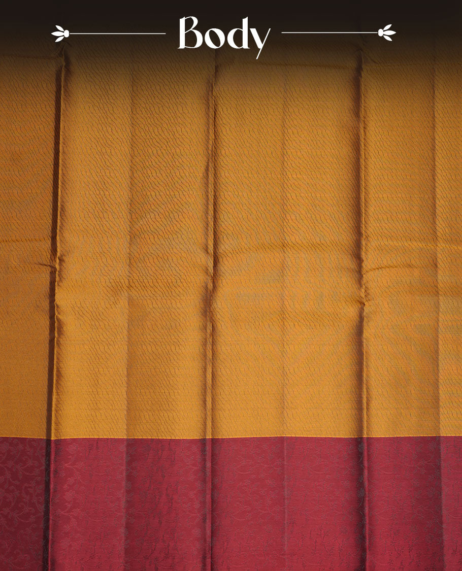 Fenugreek colour soft silk saree featuring self colour pattern on body, complemented by contrast maroon self colour pattern border, paired with matching blouse piece.