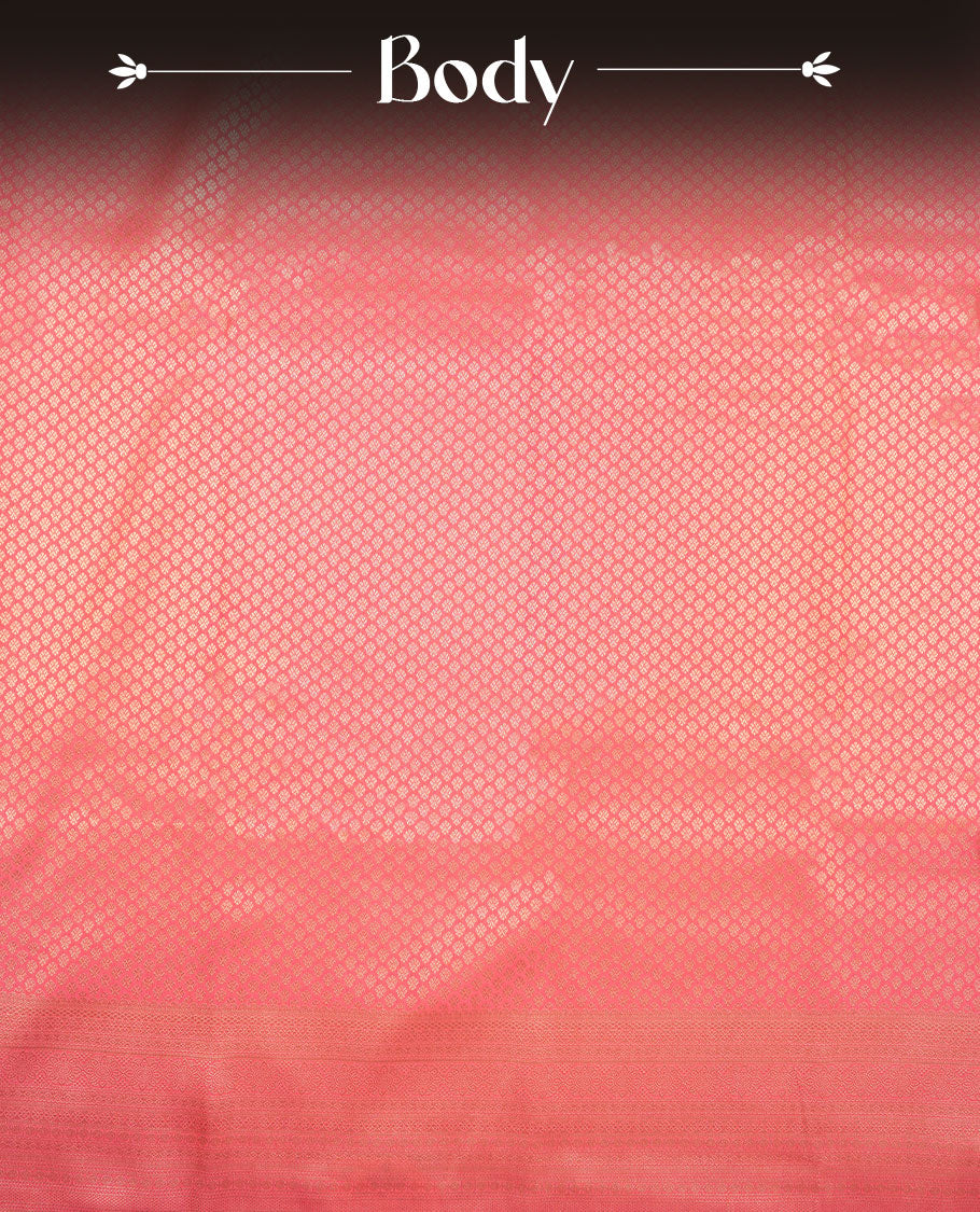 Pink colour semi silk brocade saree featuring intricate Gold patterns across the body, complemented by a Self colour woven border and pallu, paired with a matching blouse.