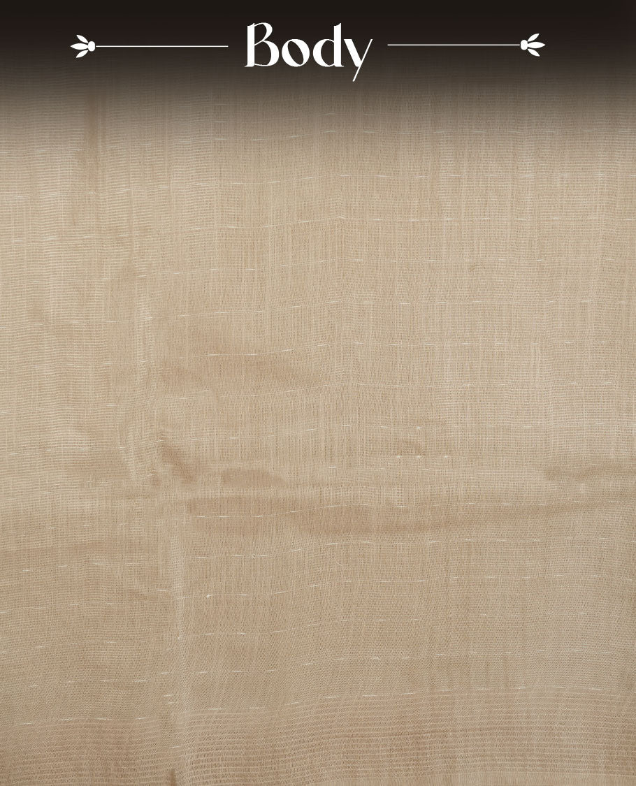 Cream colour semi jute saree highlighting gold zari striped body, without border and paired with matching blouse.