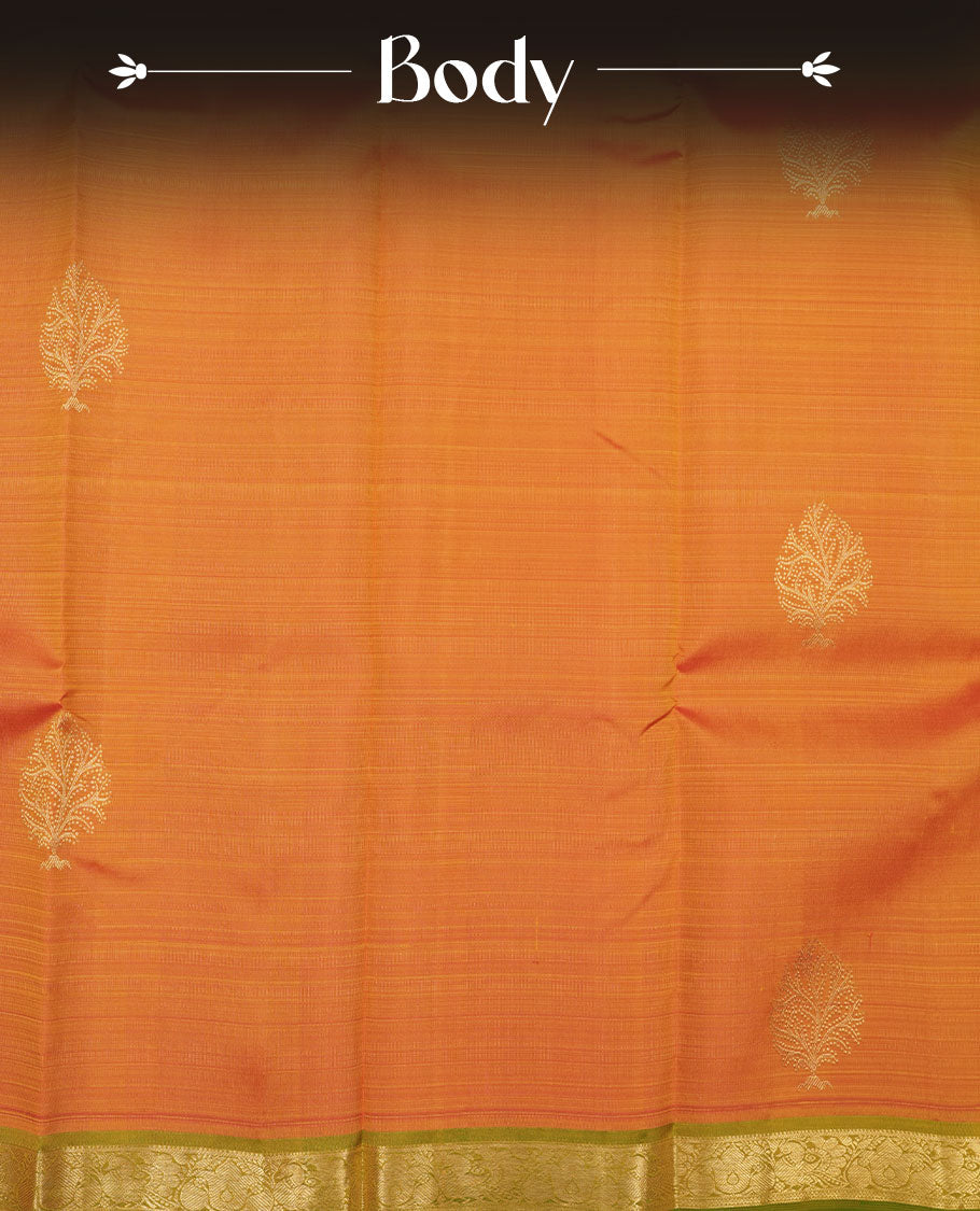 Mustard yellow pure traditional Kancheepuram silk saree adorned with gold zari motifs across the body, featuring elegant and simple contrast light green zari traditional borders, beautifully paired with a matching blouse piece.