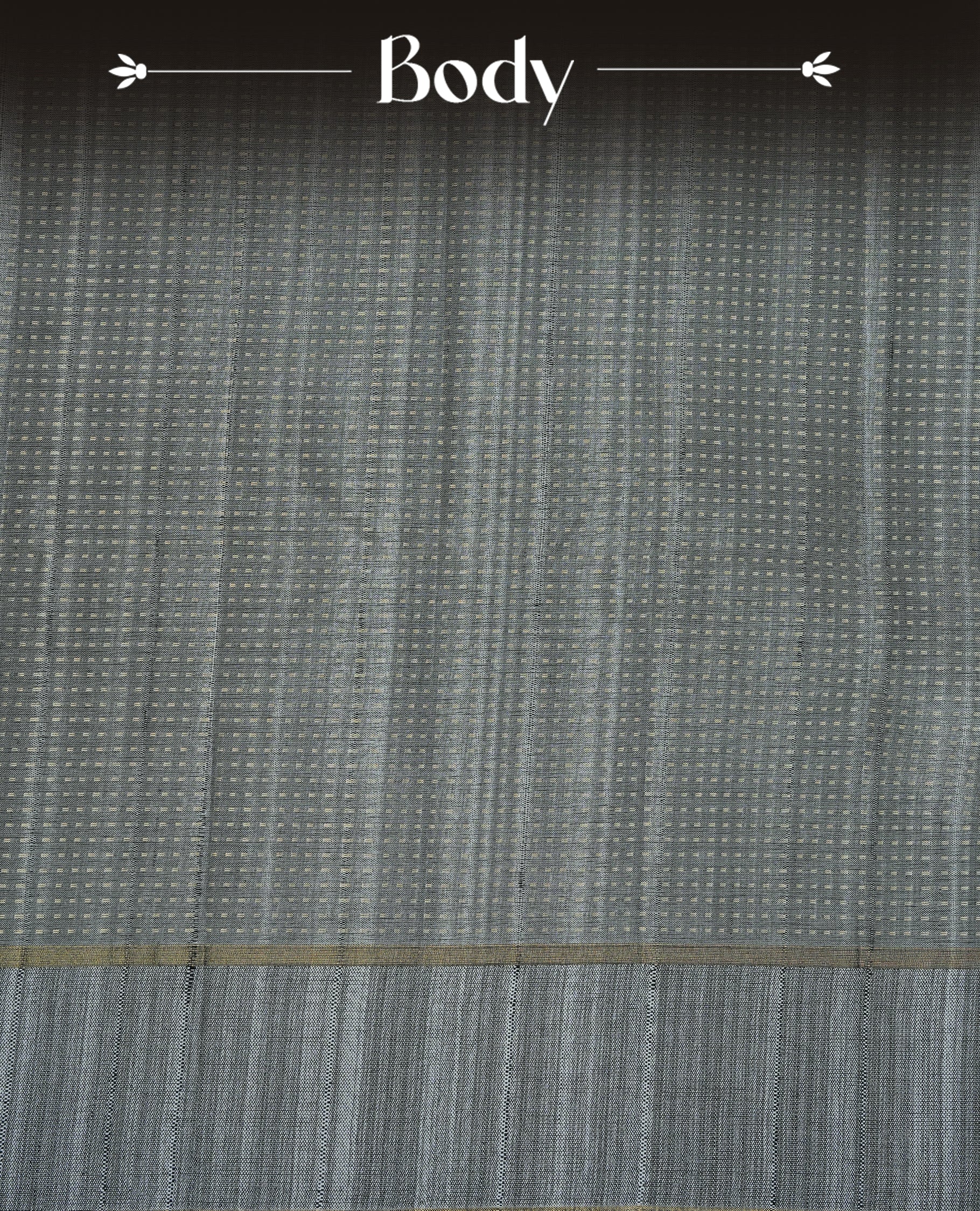 Grey colour semi tussar silk saree featuring elegant gold zari dotted stripes across the body, enhanced with a rich zari woven border. Comes with a matching blouse piece.
