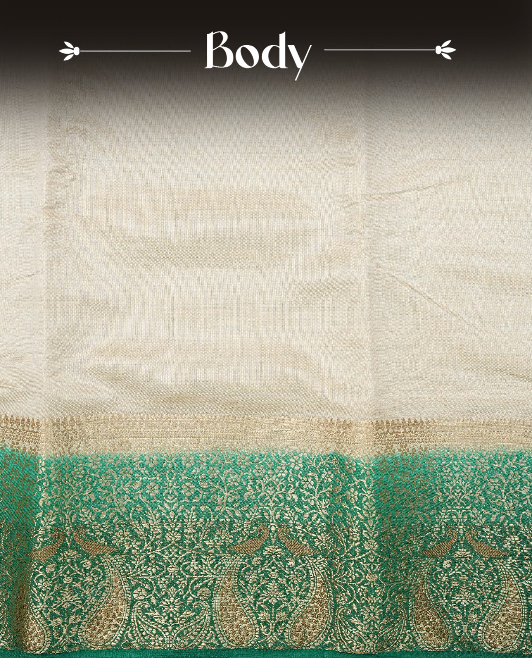 Light gold tussar saree featuring Elegant plain body, complemented by contrast green colour with Gold zari Floral kodi with Peacock Pattern border, comes with matching blouse piece.