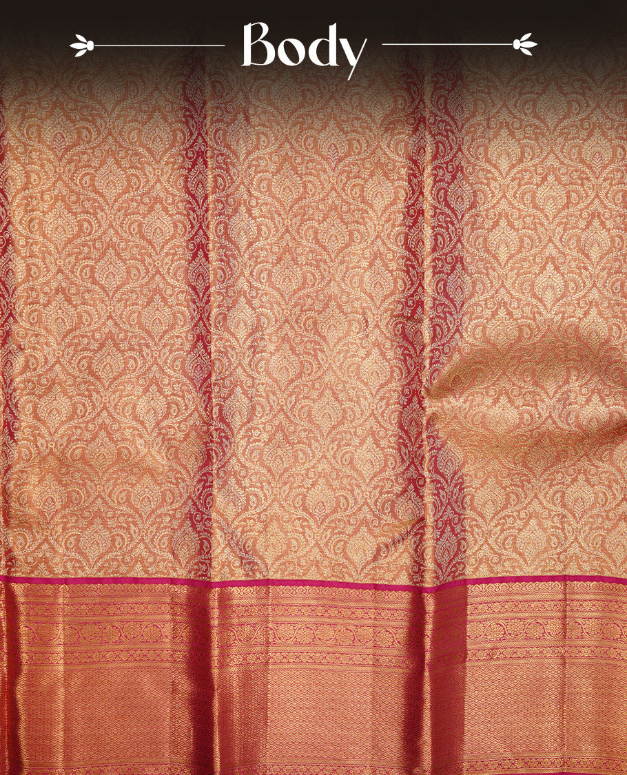 Gold & Magenta double shade colour kancheepuram tissue silk saree featuring gold zari floral kodi pattern on body, complemented by contrast magenta colour with traditional border, paired with matching blouse piece.