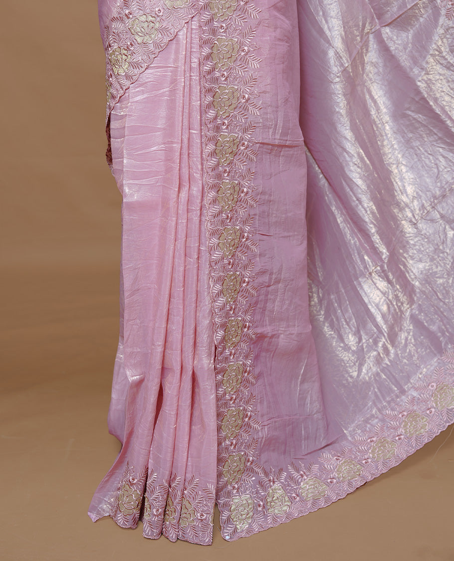 Pastel pink colour Crush Organza Featuring Plain body, Enrich with Floral thread pattern & scalp border, paired with matching blouse piece.