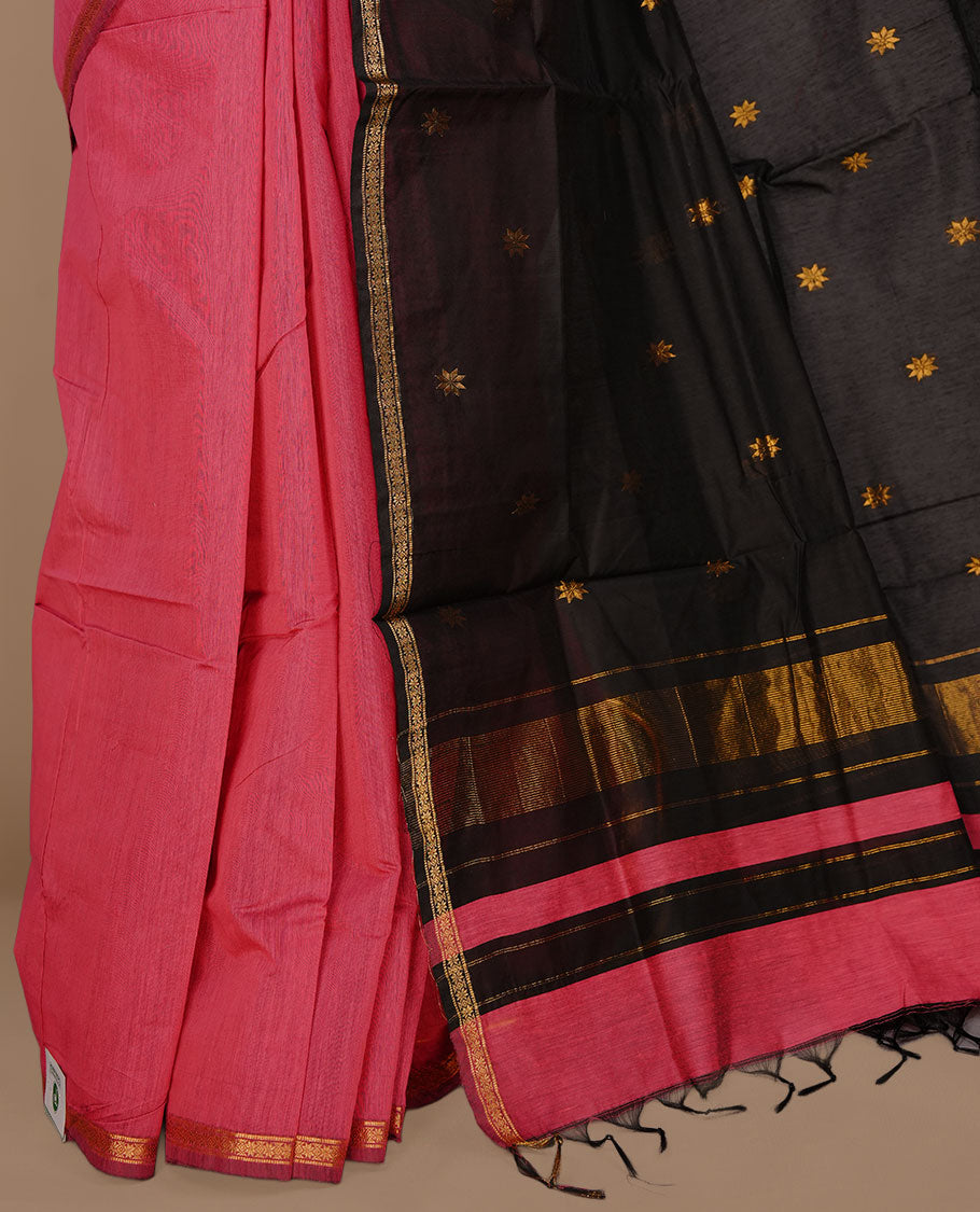 Pink colour Kalyani cotton saree features elegant gold zari motifs across the body, a classic gold zari border, a striking contrast pallu, and a matching blouse piece.