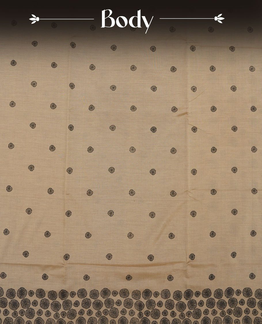 Dark Beige colour poly cotton saree with black abstract butti motifs on the body, paired with a matching pallu with dense black textured round butta pattern, and a coordinated all‑over textured round butta printed blouse piece.