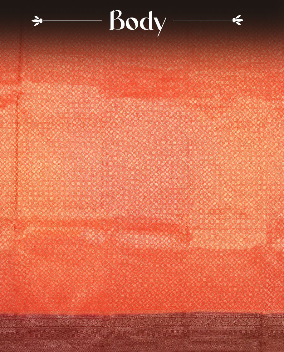 Brick red colour semi silk brocade saree featuring intricate Gold Diamond patterns across the body, complemented by a contrast Brown colour woven border and pallu, paired with a matching blouse.