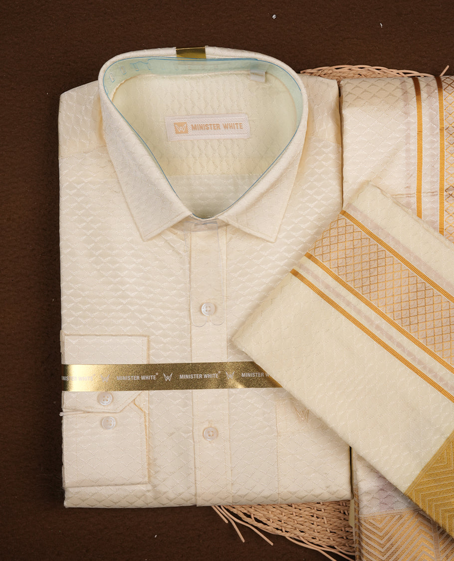Cream gold colour MINISTER WHITE shirt paired with a matching dhoti, finishing with a gold border