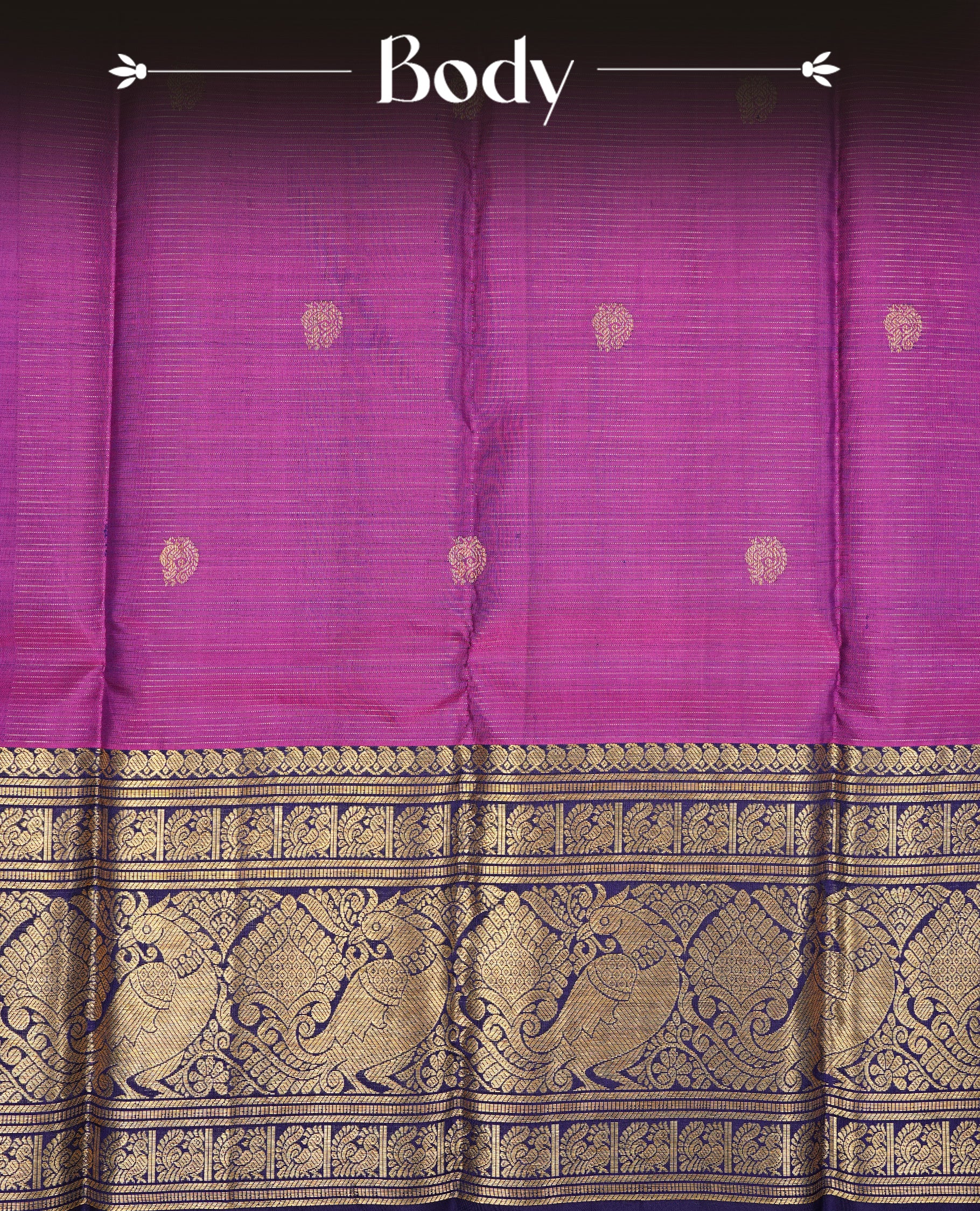 Purple colour Kancheepuram silk saree featuring Gold zari thin Stripes & Motifs on body, Highlighting Violet colour with Gold Zari border, paired with matching blouse piece.