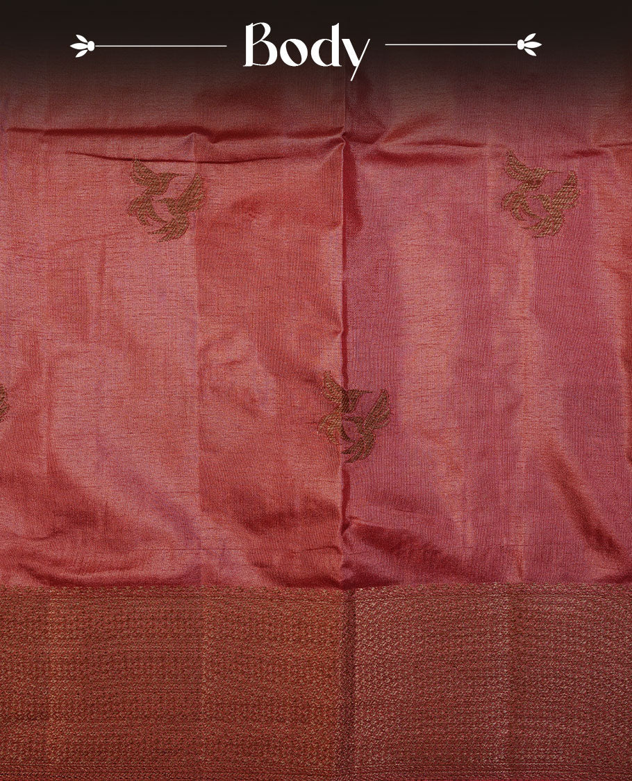 Mauve colour semi banaras tussar silk saree highlighting gold zari bird motifs on body, complemented by self colour with antique zari border, paired with matching blouse piece.