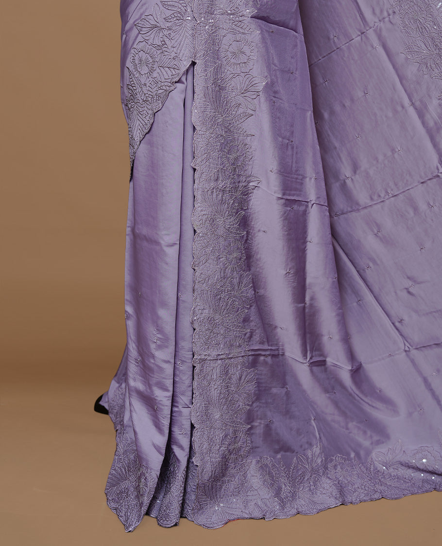 Pastel Lavender colour Designer saree featuring Elegant Thread & sequins body, complemented self colour thread & Sequins scalp border, paired with matching blouse piece.