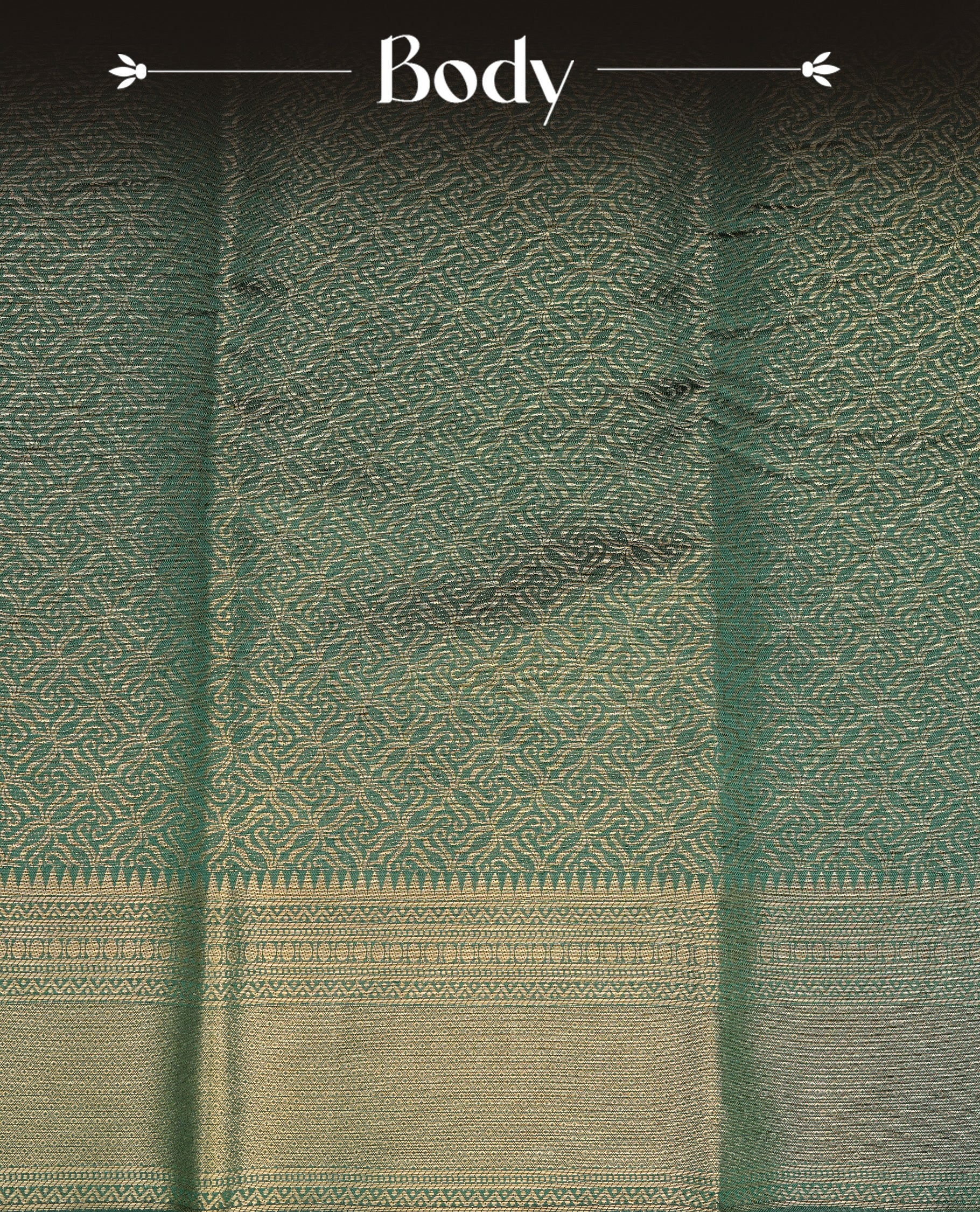 Bottle Green colour Semi Wedding silk saree featuring gold zari kodi pattern across body, complemented by self colour with traditional border, paired with matching blouse piece.