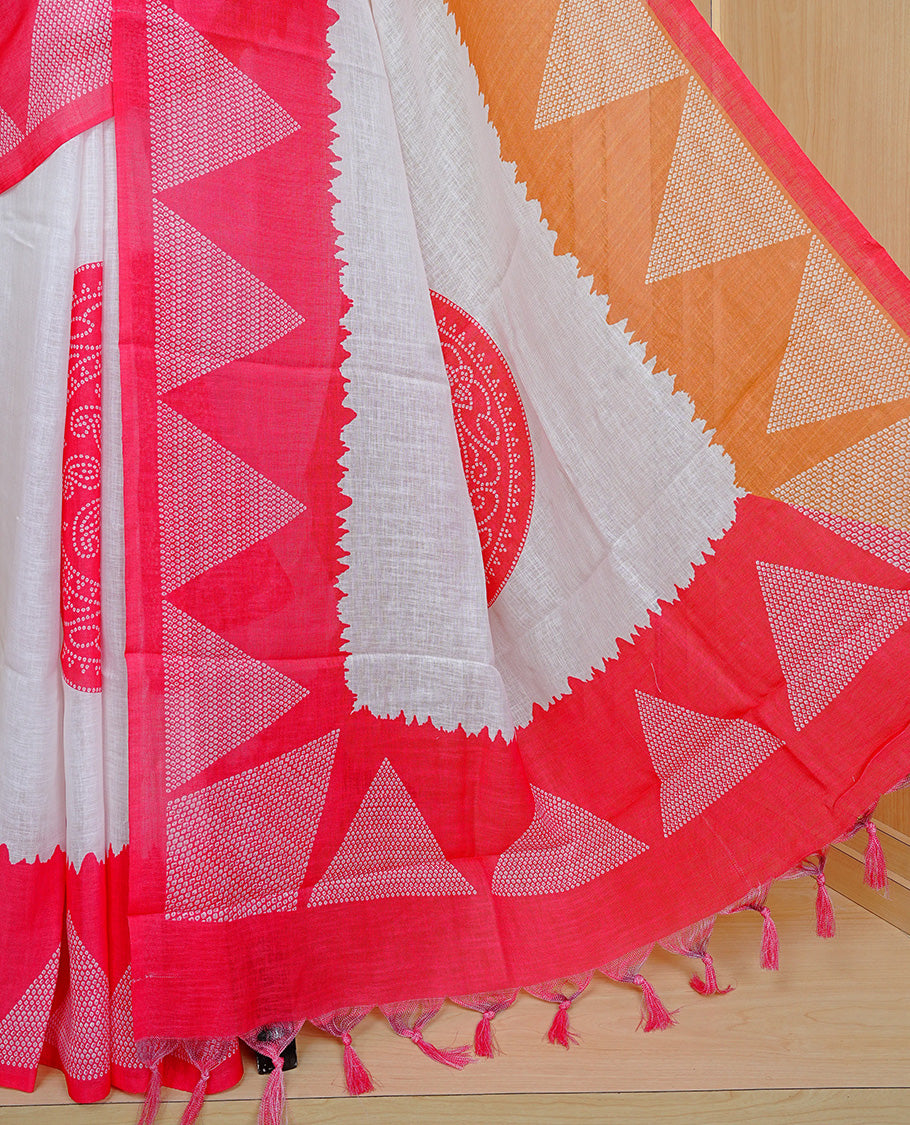 Cream colour semi linen saree featuring red Ajrakh pattern print on body, complemented by contrast Mustard colour with same pattern print Red border, comes with matching blouse piece.
