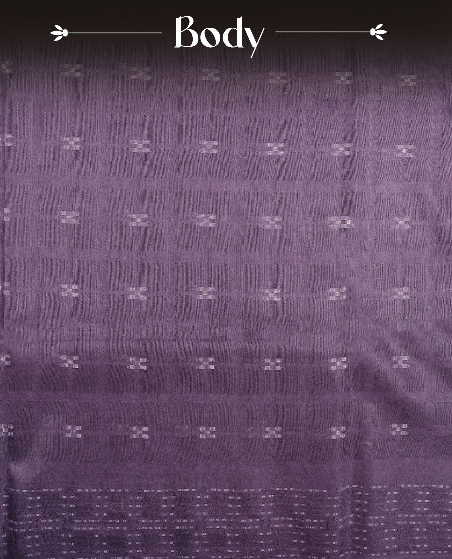Blue lilac colour semi jute saree highlighting white thread motifs on body, without border and paired with matching blouse.