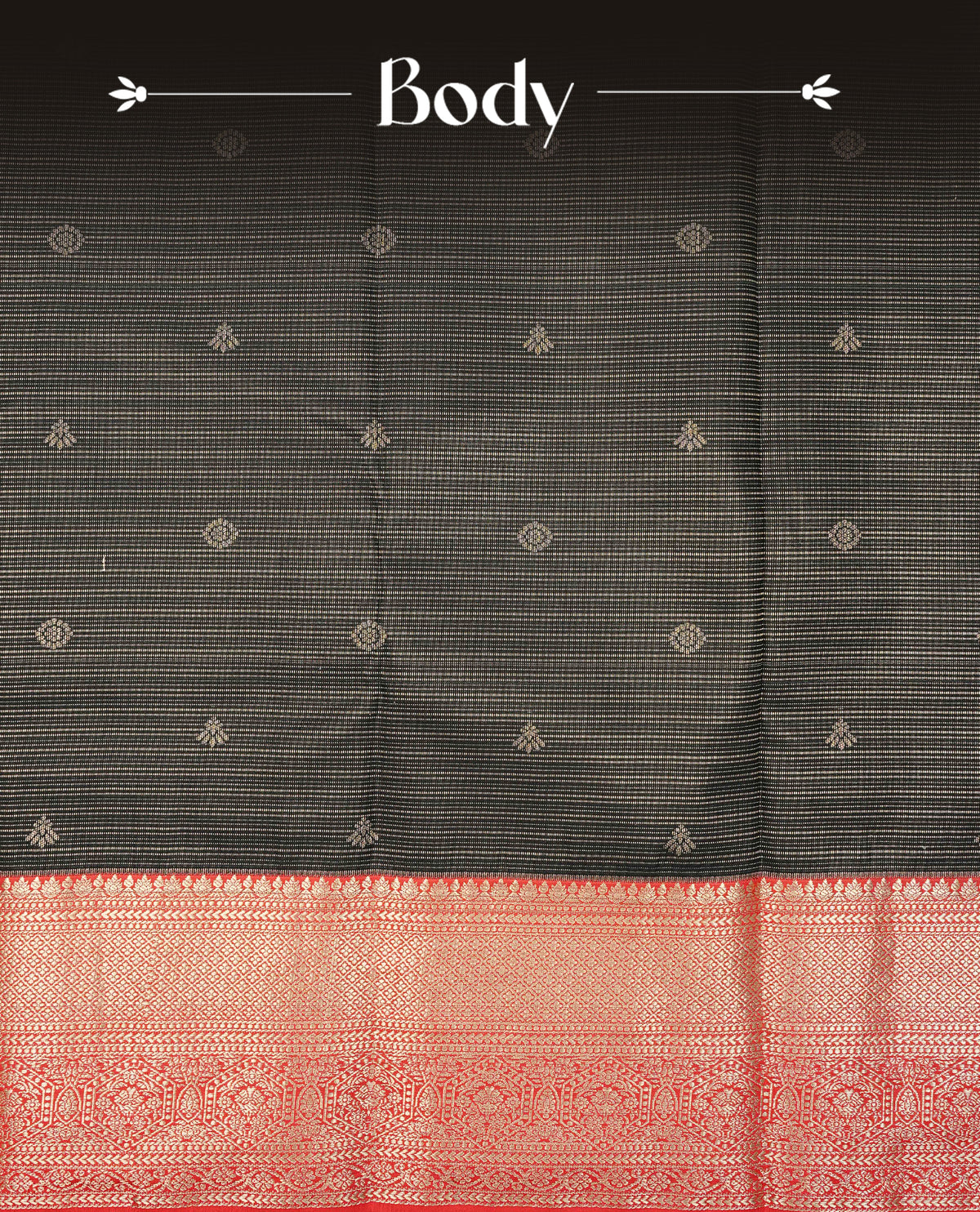 Black colour semi wedding silk saree featuring gold zari stripes with buttas on body, complemneted by contrast red colour with traditional border, comes with matching blouse piece.