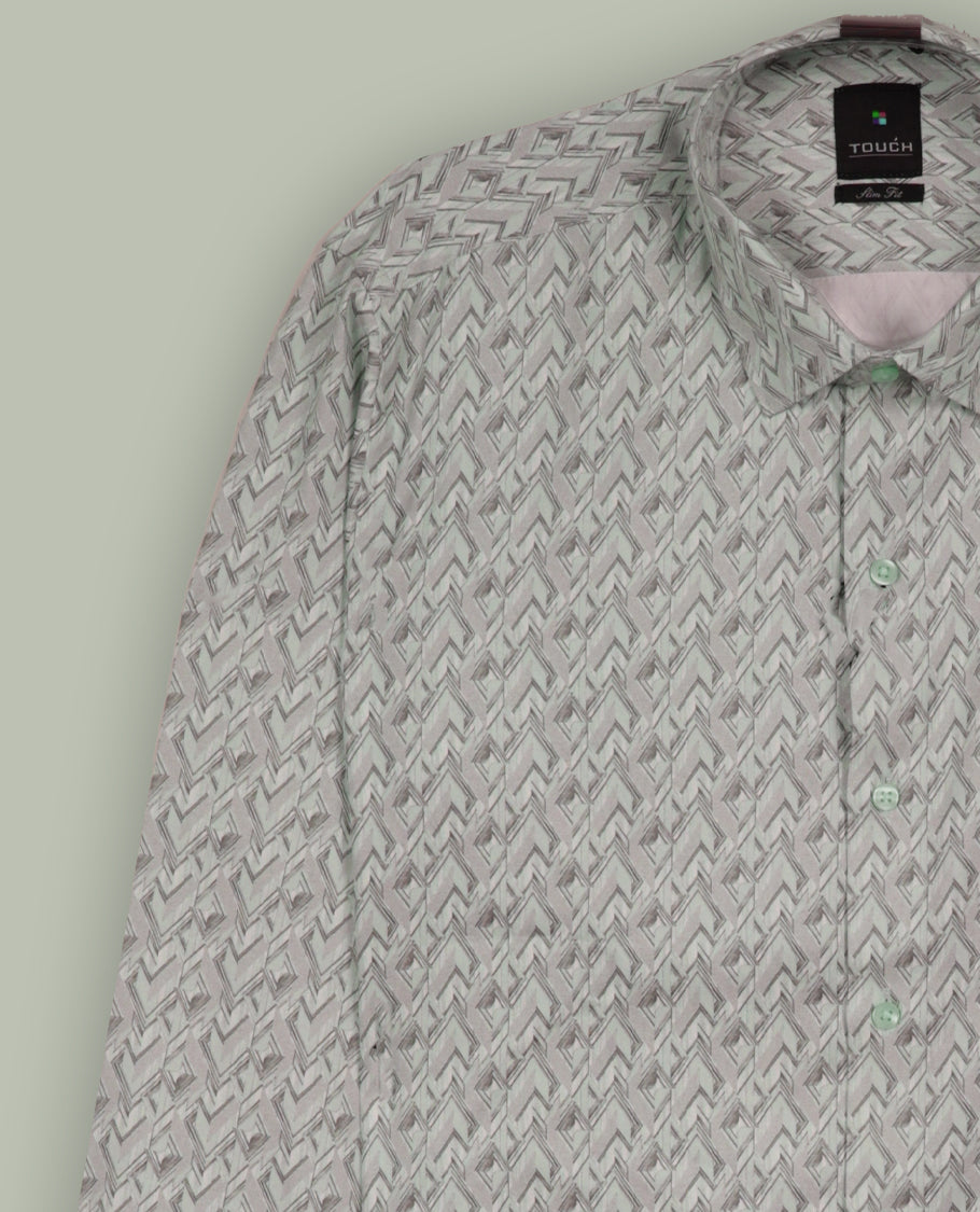 Cream colour patterned shirt with a classic spread collar and full sleeves, Designed with a modern geometric print, this shirt offers premium comfort and timeless style.