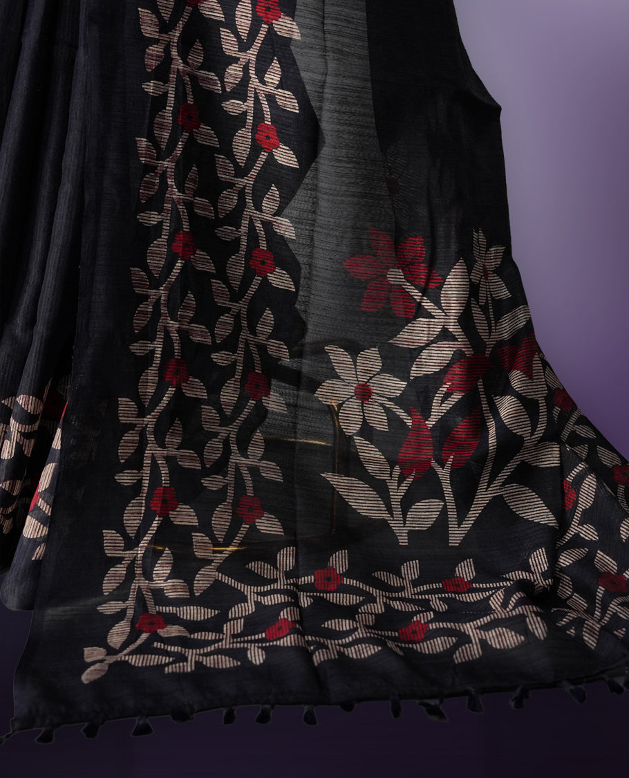 Navy blue colour saree with elegant beige & red colour leaf & flower work and subtle texture & Paired with a matching blouse, its perfect for festive events, receptions, or traditional gatherings with a touch of grace.